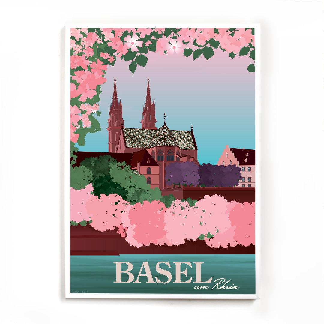 Ein stilvolles Poster mit dem Basler Münster im Frühling, ein wunderschönes Souvenir und eine Erinnerung an die Stadt am Rhein.