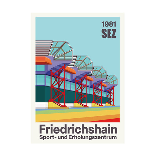 Ein Poster, das die ikonische Architektur des ehemaligen Sport- und Erholungszentrums (SEZ) in Berlin Friedrichshain zeigt.