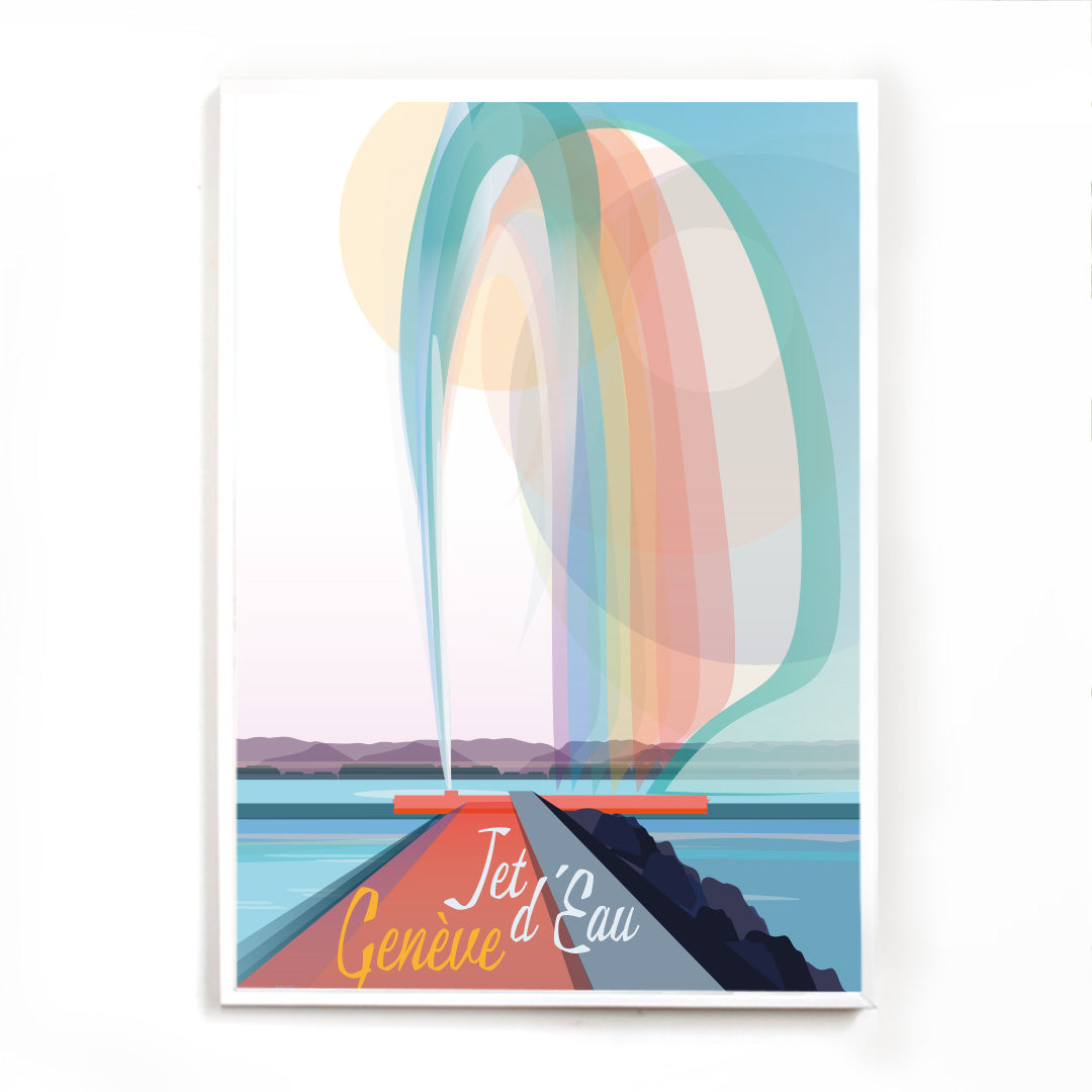 Ein Poster, das den berühmten Genfer Jet d’Eau in den leuchtenden Regenbogenfarben der Pride-Flagge zeigt – ein ideales Souvenir für alle, die Vielfalt feiern.