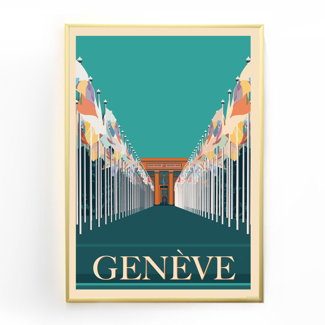 Ein stilvolles Poster des UN-Gebäudes, das die internationale Bedeutung Genfs symbolisiert, ein wunderschönes Erinnerungsstück an einen Besuch.