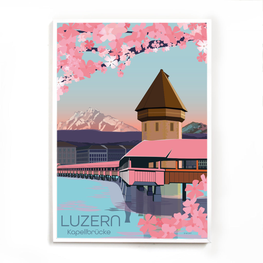 Ein Sammlerstück, das das Wahrzeichen Luzerns in frühlingshaften Farben zeigt – perfekt für alle, die die Schweiz lieben.