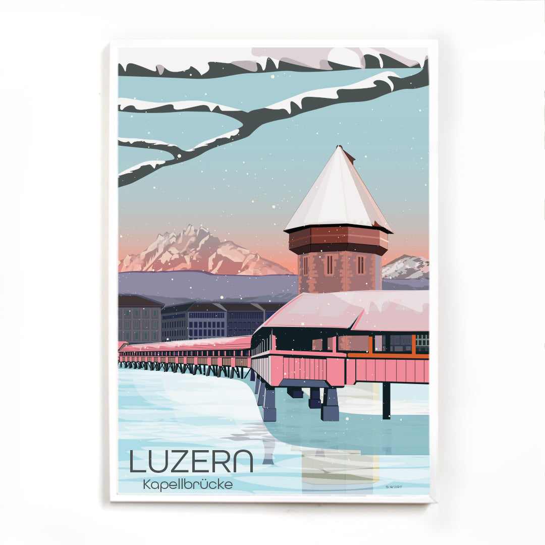 Ein stilvolles Poster, das als Erinnerungsstück an einen magischen Winterbesuch in Luzern dient und die Stadt in der kalten Jahreszeit abbildet.