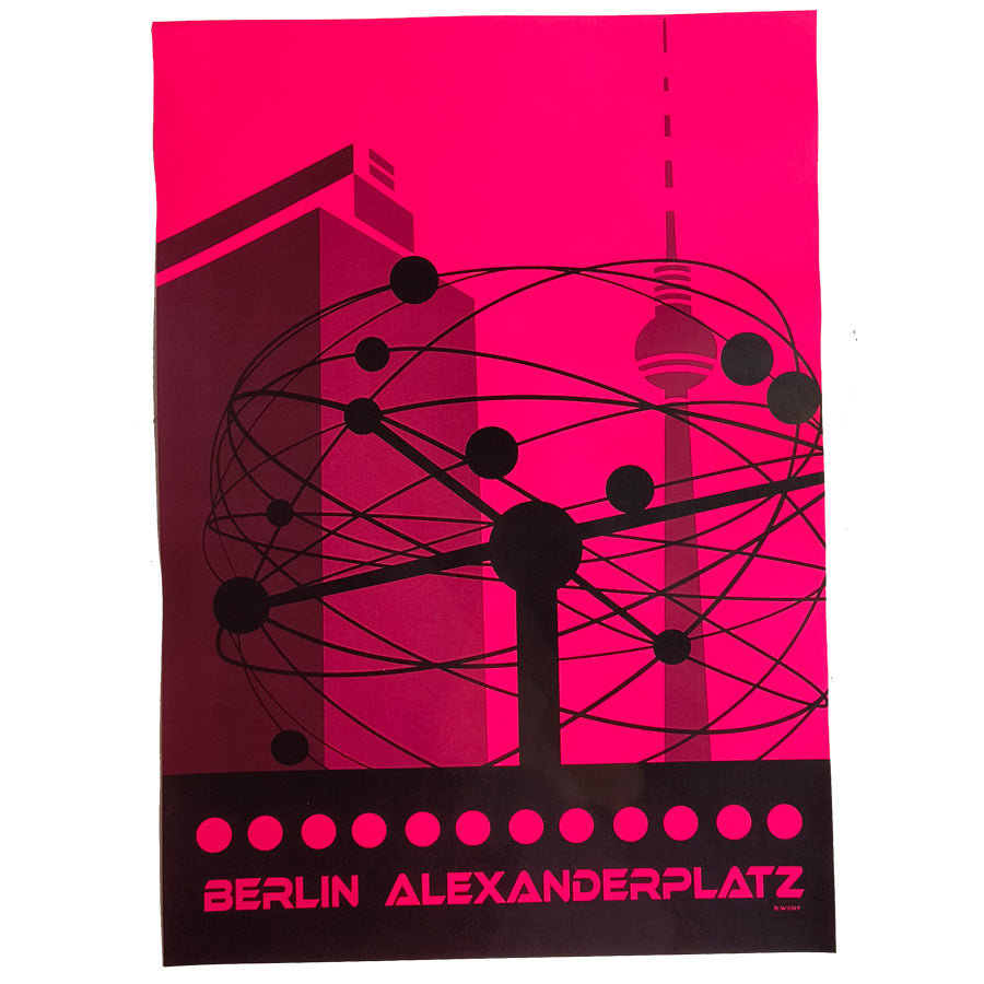 Neon Berlin Poster Weltzeituhr: Ein Poster, das die Weltzeituhr am Alexanderplatz in leuchtenden Neonfarben darstellt – ein stilvolles Andenken an einen der bekanntesten Orte der Stadt.