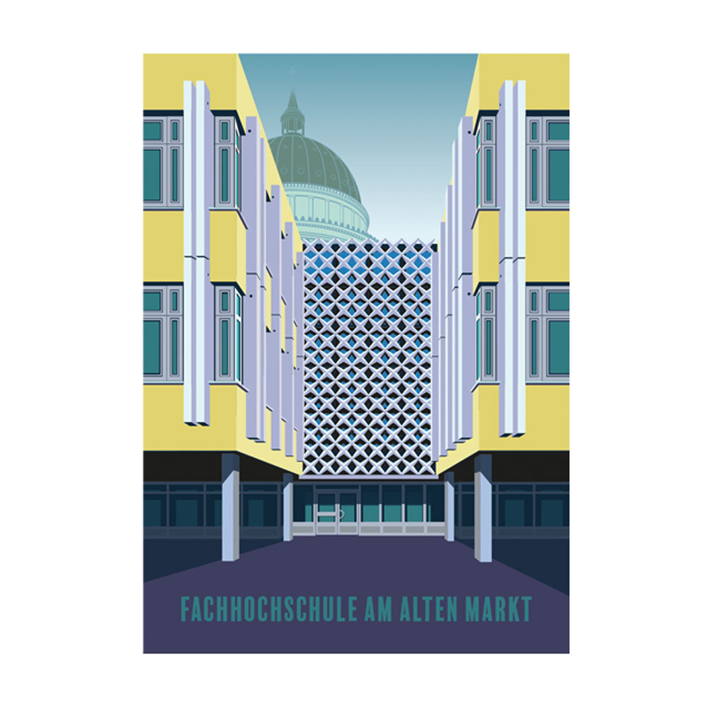 Postkarte Architektur am Alten Markt: Ein ikonisches Motiv der Potsdamer Fachhochschule, das den Brutalismus der DDR-Ära würdigt und die Debatte um Stadtentwicklung symbolisiert.