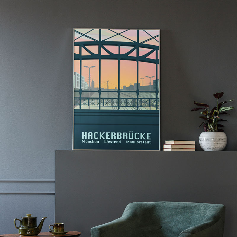 München Poster mit Blick von der Hackerbrücke im Sonnenuntergang