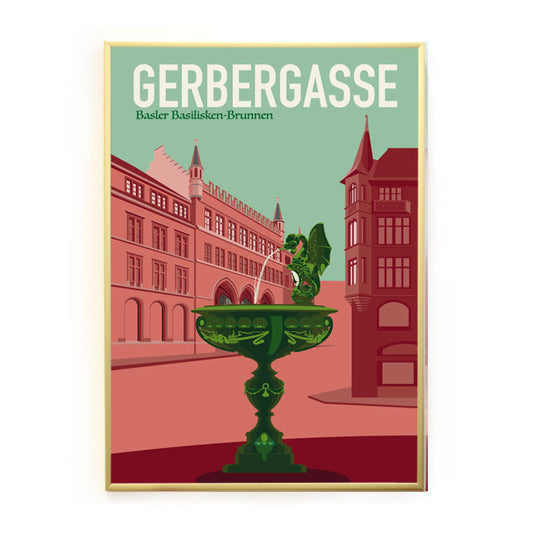 Basel Poster Gerbergasse – Basilisk Brunnen Kunstdruck