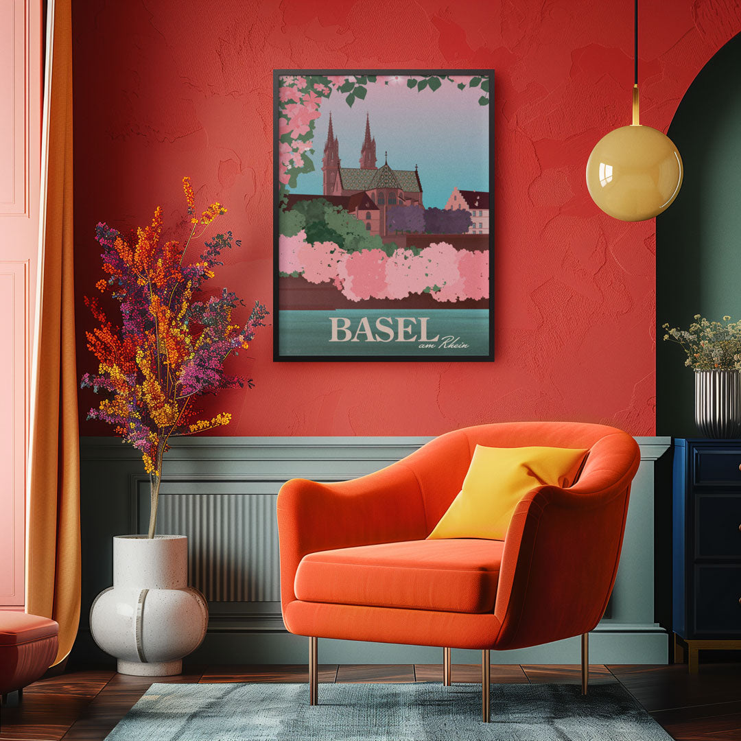Ein stilvolles Basel-Poster mit dem Münster im Frühling, das gerahmt an einer Wand im Wohnzimmer hängt und dem Raum eine persönliche Note verleiht.