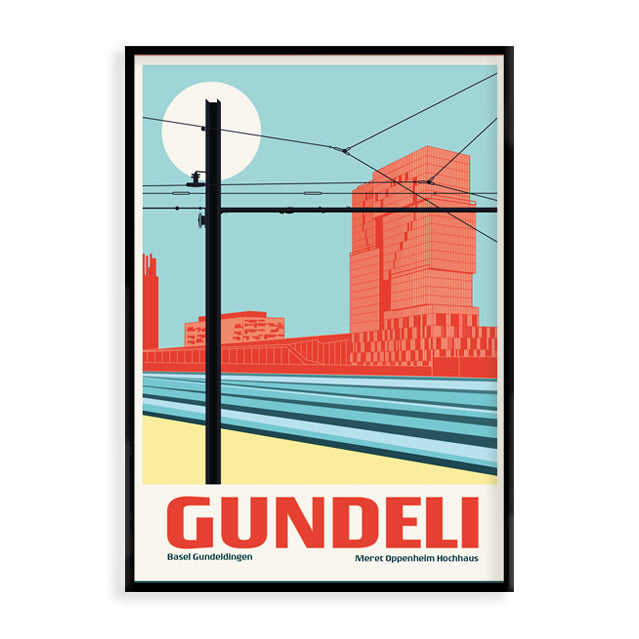 Gundeli Poster Basel - Grafische Vintage-Illustration Meret Oppenheim Hochhaus futuristisches Gebäude im urbanen Viertel
