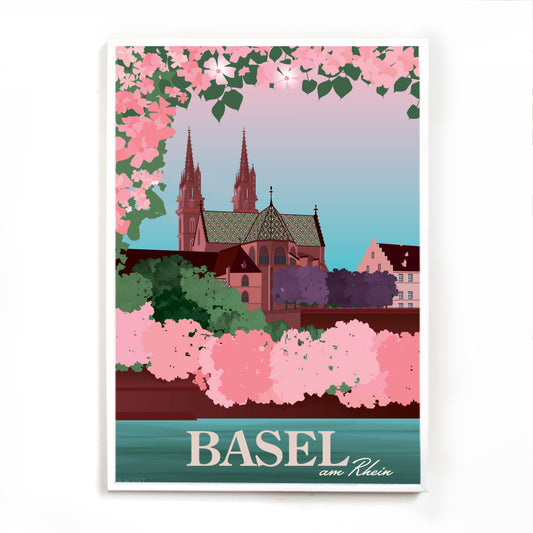 Ein stilvolles Poster mit dem Basler Münster im Frühling, ein wunderschönes Souvenir und eine Erinnerung an die Stadt am Rhein.