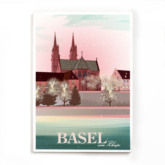Ein Poster, das die magische Winterstimmung rund um das Basler Münster einfängt – perfekt als Souvenir und Erinnerung an einen Besuch.