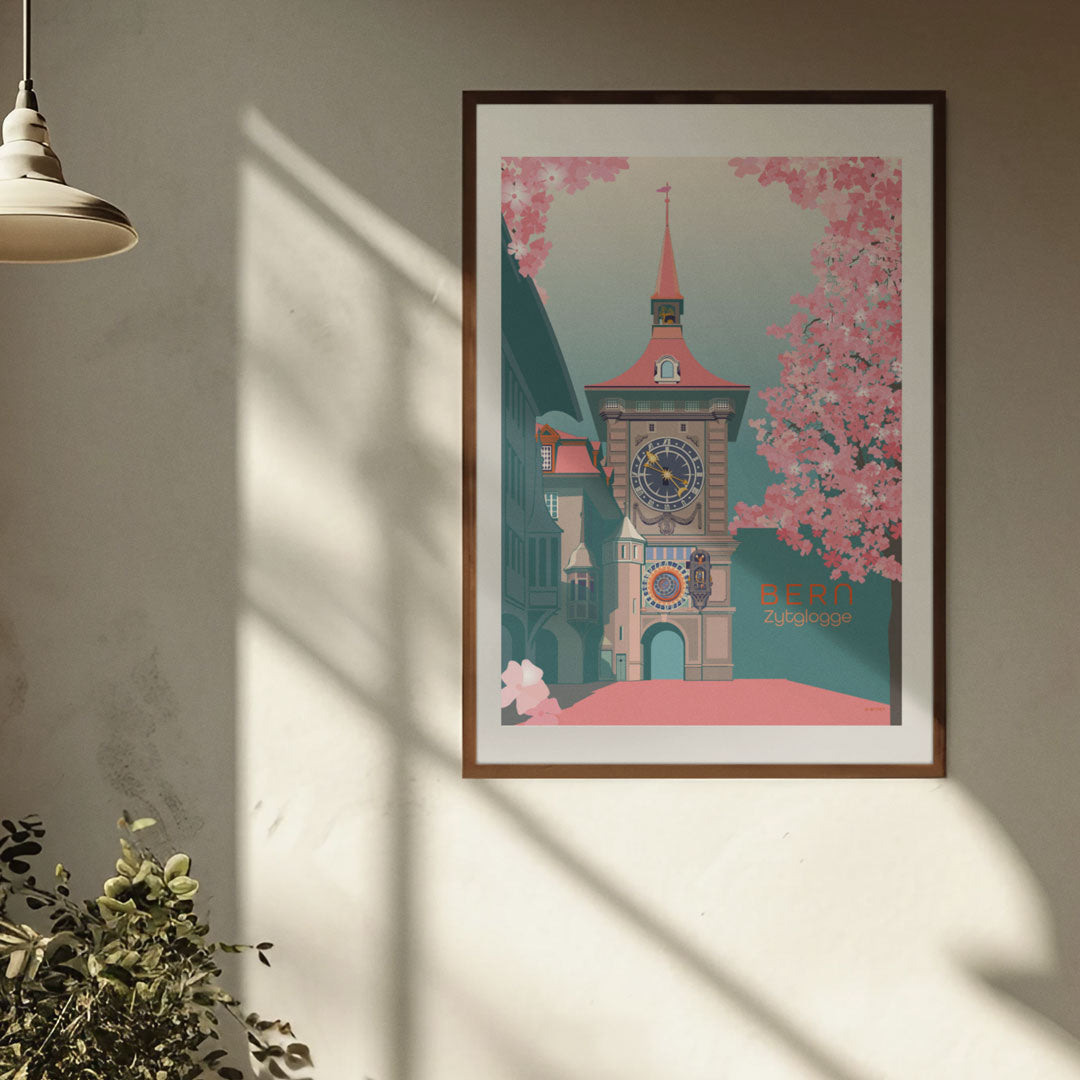 Ein Poster mit dem Motiv "Bern Zytglogge Springvibes", gerahmt und perfekt platziert als Andenken an der Wand.