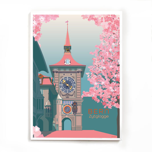 Ein stilvolles Poster der Berner Zytglogge mit frühlingshaften Motiven, ein wunderschönes Erinnerungsstück an eine Reise in die Schweiz.