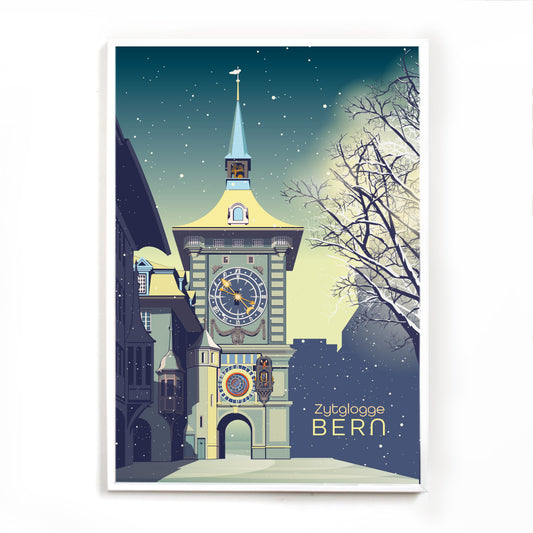 Ein Poster, das die magische Winterstimmung rund um die Berner Zytglogge einfängt – perfekt als Souvenir und Andenken an einen Besuch.