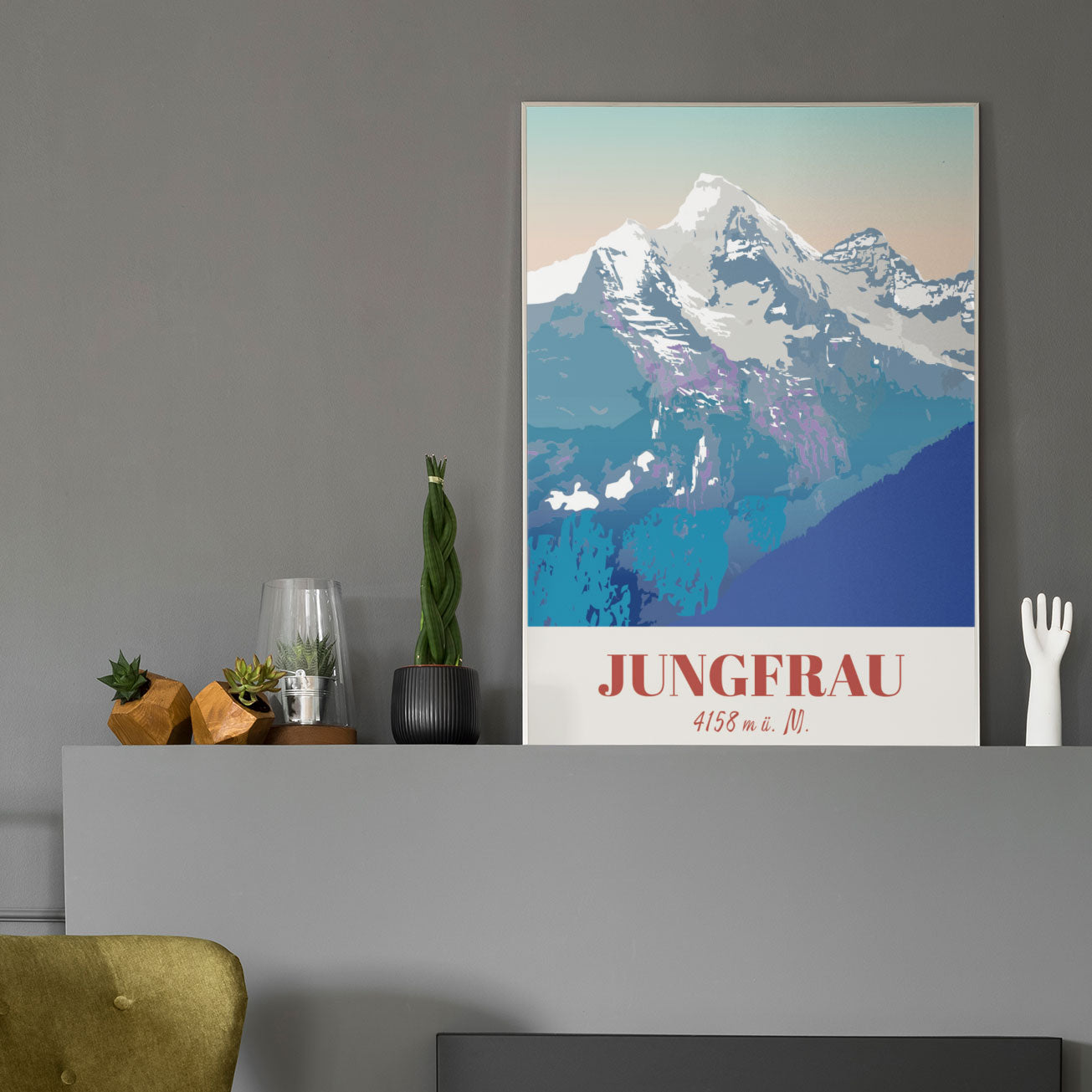 Poster Jungfrau Souvenir: Ein majestätisches Poster, das das Wahrzeichen der Berner Alpen zeigt – das perfekte Wandbild als stilvolle Reiseerinnerung an die Schweiz.