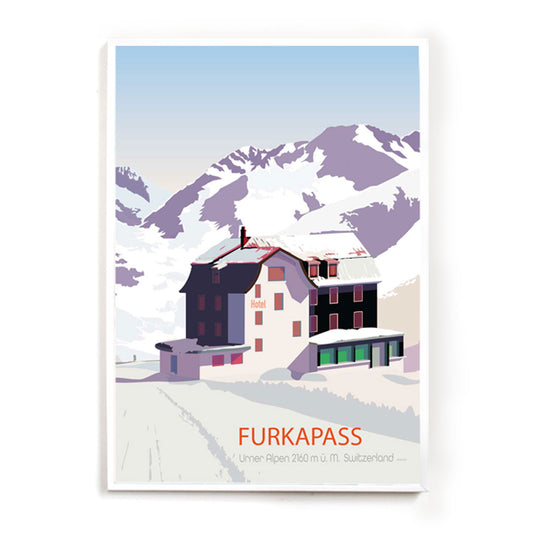 Ein stilvolles Poster des Furkapasses, ein wunderschönes Erinnerungsstück an eine unvergessliche Reise durch die Schweizer Bergwelt.
