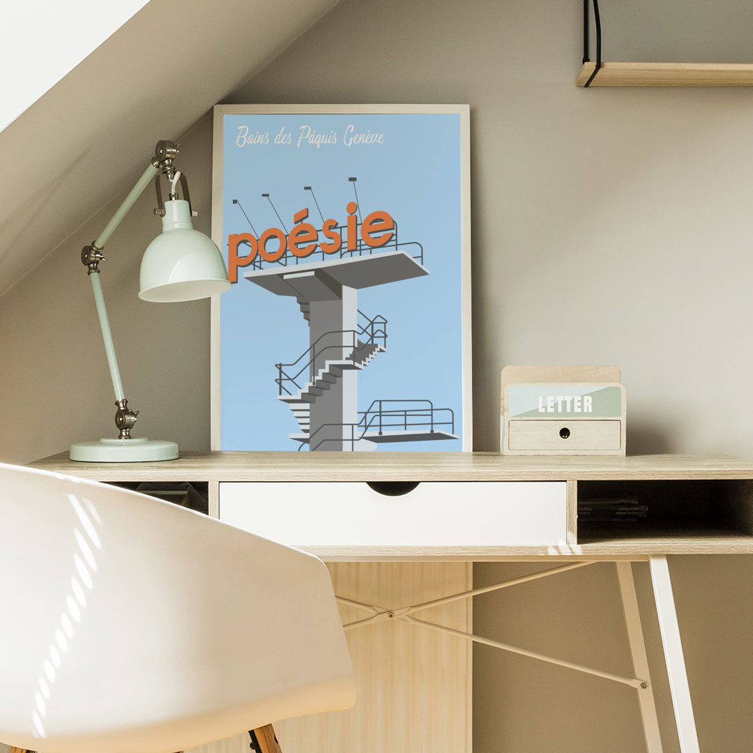   Ein Poster, das die entspannte Sommerstimmung an den Bains des Pâquis in Genf einfängt – ideal als Souvenir und Andenken an einen Besuch.