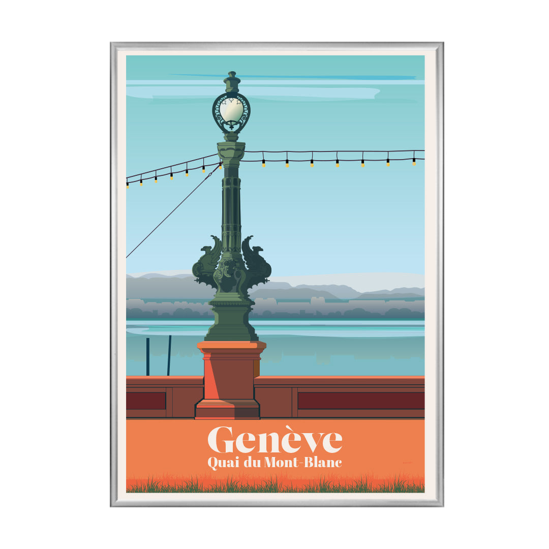 Ein stilvolles Poster des Quai du Mont-Blanc, ein wunderschönes Erinnerungsstück an eine Reise nach Genf mit Alpenpanorama.
