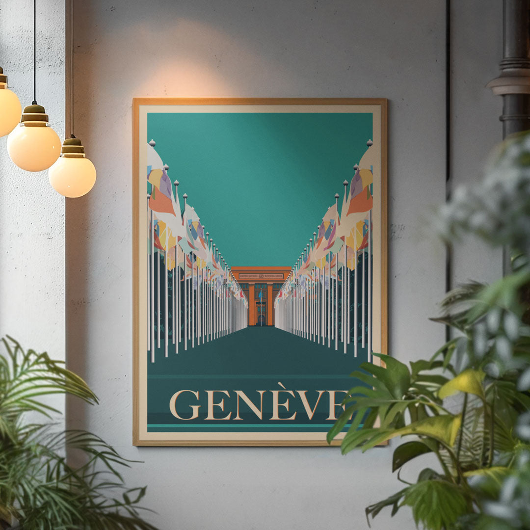 Ein gerahmtes Poster des UN-Gebäudes in Genf, das als persönliches Andenken eine Wand schmückt.
