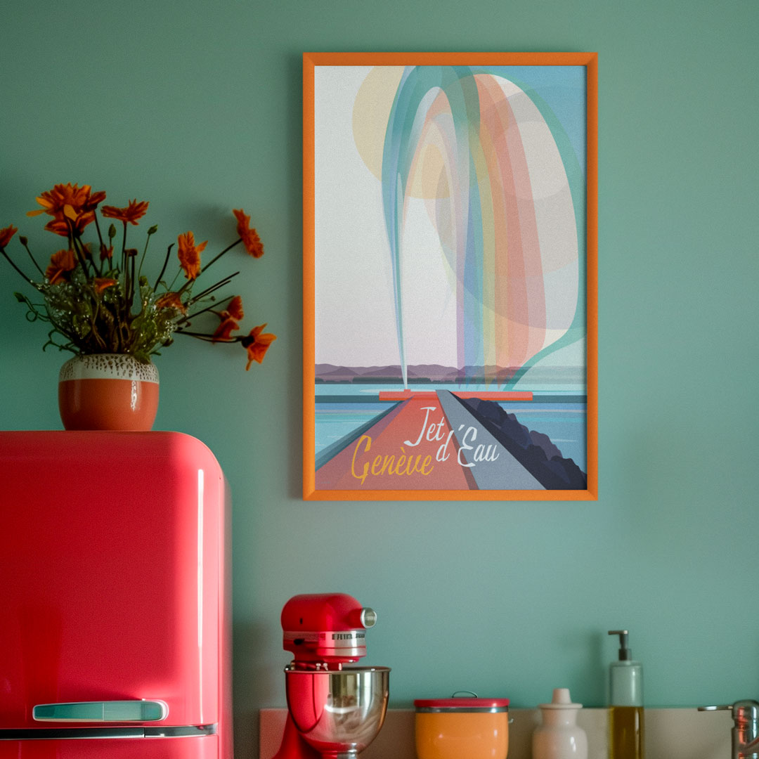 Ein gerahmtes "Genève Jet d’Eau Pride" Poster hängt als farbenfrohes Andenken an der Wand einer Küche.