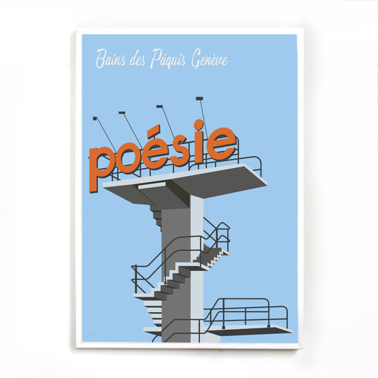Ein Poster, das die entspannte Sommerstimmung an den Bains des Pâquis in Genf einfängt – ideal als Souvenir und Andenken an einen Besuch.