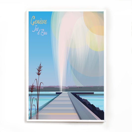 Ein Poster, das den ikonischen Genfer Jet d’Eau über dem Genfersee zeigt – ein Andenken für alle, die das einzigartige Flair der Stadt lieben.
