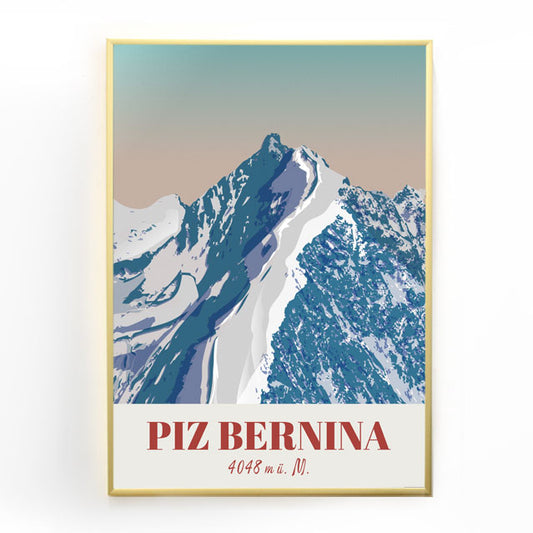 Poster Piz Bernina Gipfel: Ein Poster mit dem Motiv des höchsten Gipfels Graubündens – ein inspirierendes Wandbild für alle, die das Bergsteigen und die Alpen lieben.