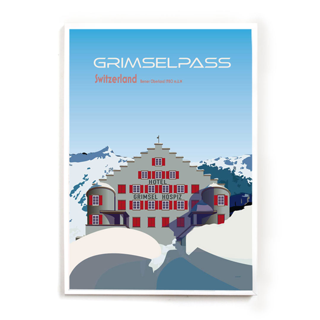 Ein Poster, das als stilvolles Erinnerungsstück an eine unvergessliche Fahrt über den Grimselpass dient und die majestätischen Alpen der Schweiz einfängt.