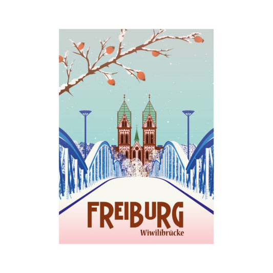 Postkarte: Freiburg Abendrot Wiwilibrücke Winter