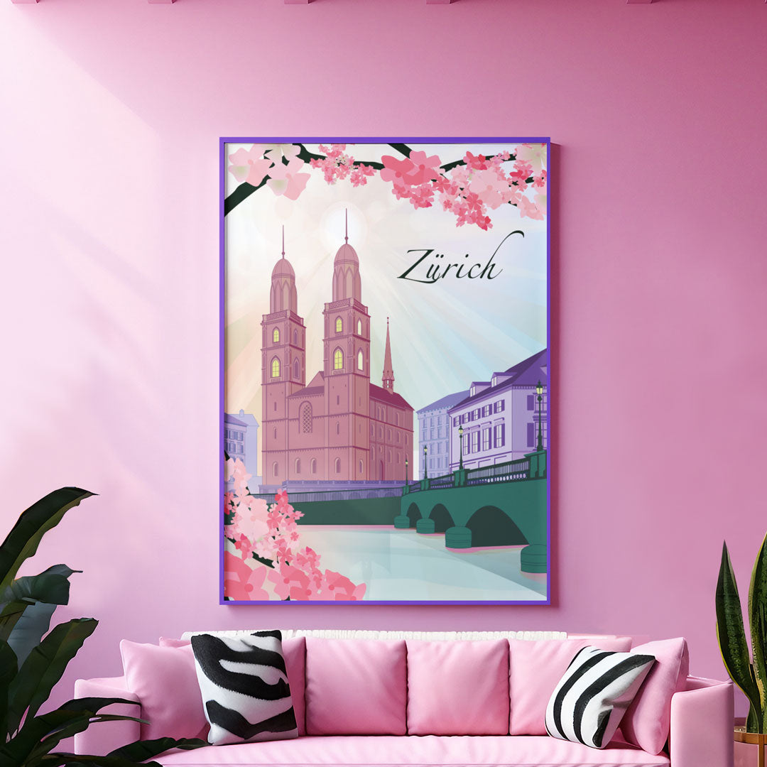 Zürich Poster: Großmünster Frühling Spring pink