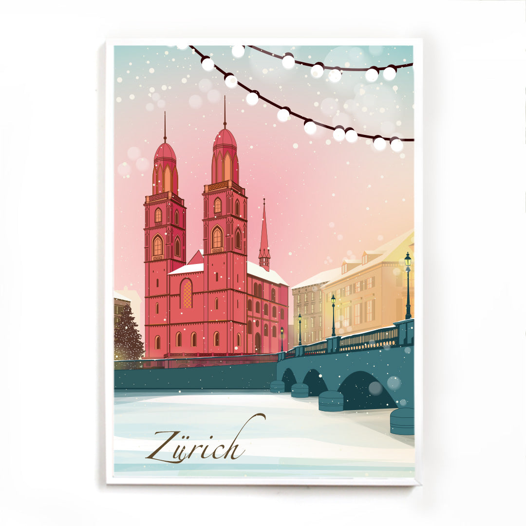 Zürich Poster: Großmünster Winterzauber mit Rahmen