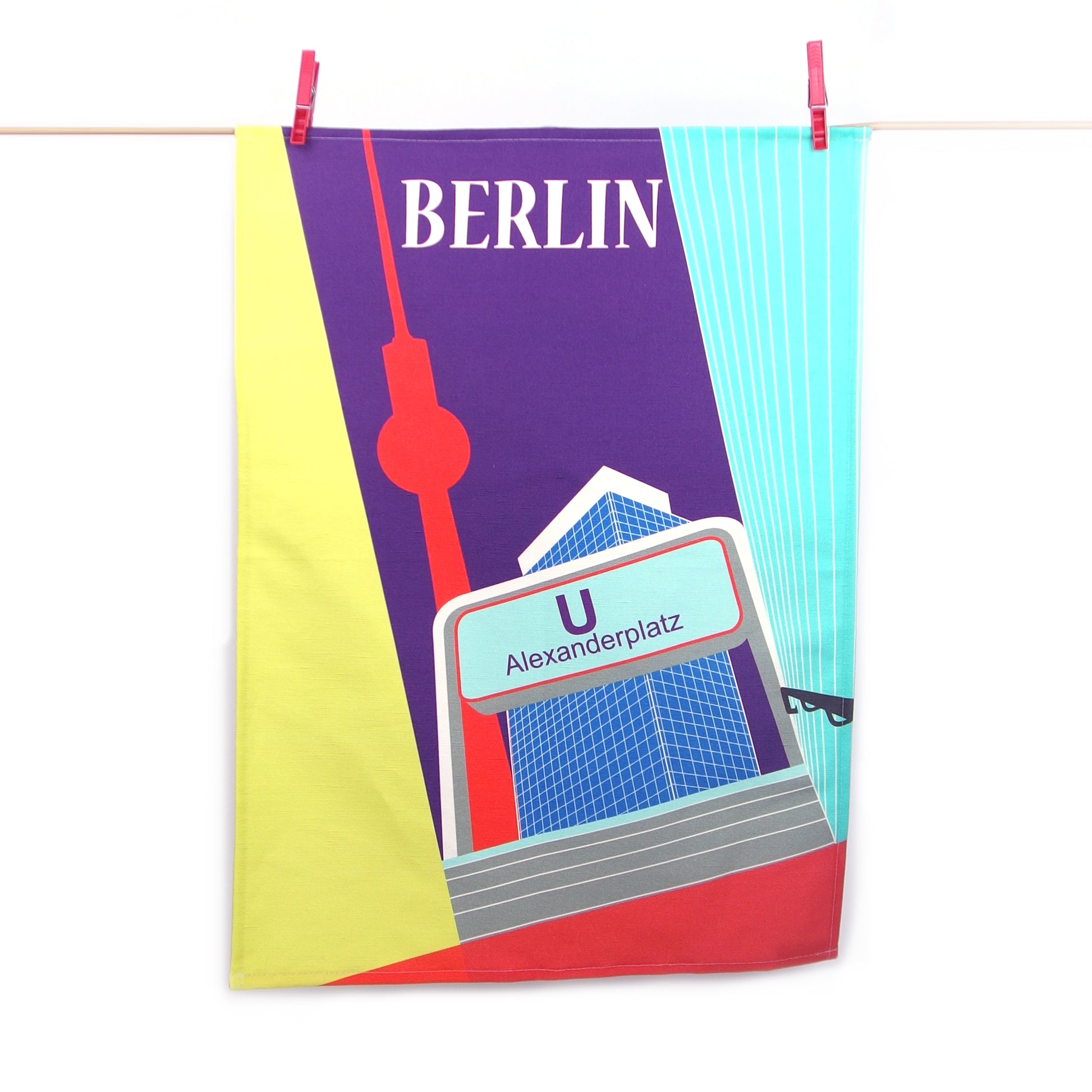 Berlin Geschirrtuch bedruckt mit dem Blick aus der U Bahn auf den Alexanderplatz und den Berliner Fernsehturm